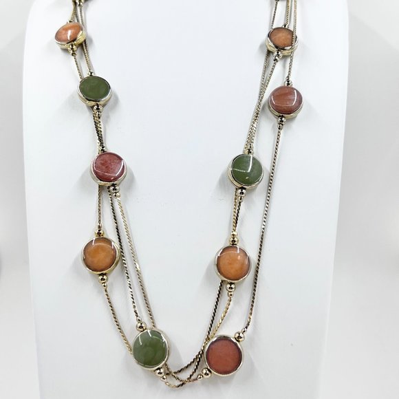Green, Peach & Coral Enameled Disks Gold Tone 22” Multi Strand Necklace - Picture 3 of 7
